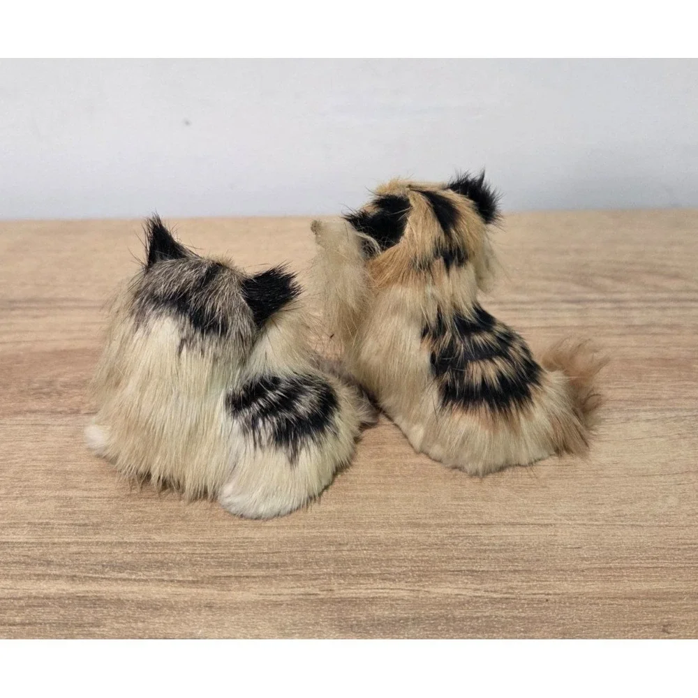 Set of 3 Vintage Real Rabbit Fur Cat Kitten Figurines White Calico